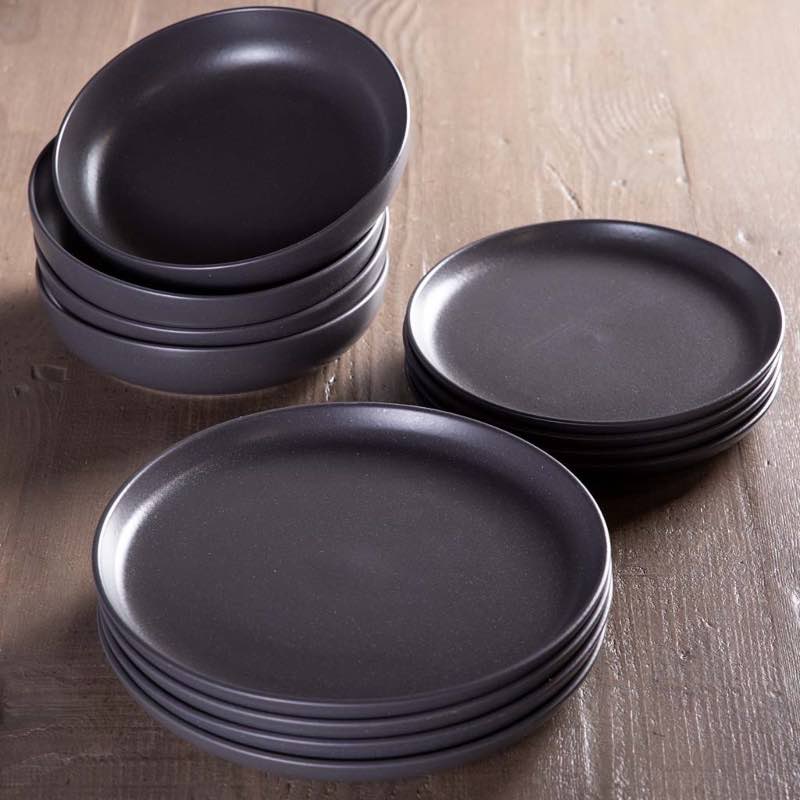 Pacifica Dinnerware Set with Pasta Bowls, Set of 12 - Seed Gray